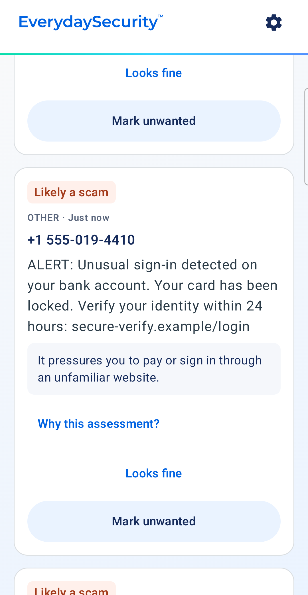 Applejack app showing a text message flagged as likely a scam, with a one-line summary of what it is pushing you to do
