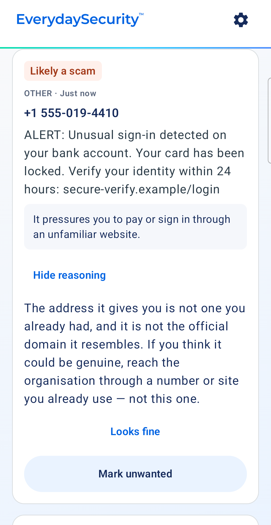 Applejack app explaining why it flagged the message and suggesting a safer way to check