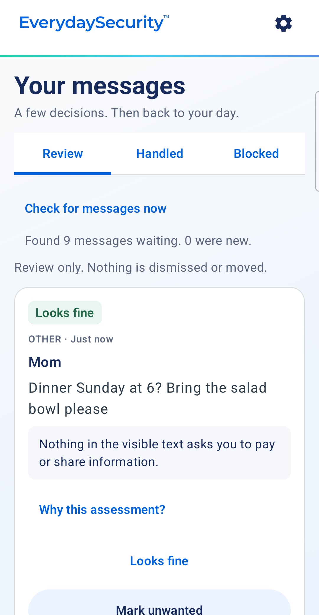 Applejack message review list, with most messages marked as fine