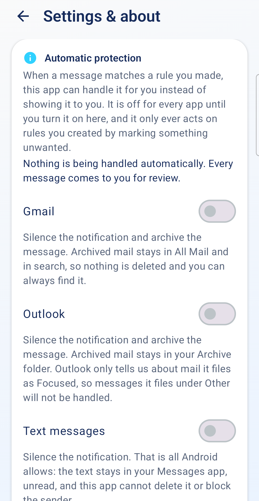 Applejack automatic protection settings for Gmail, Outlook and texts, off until you switch them on