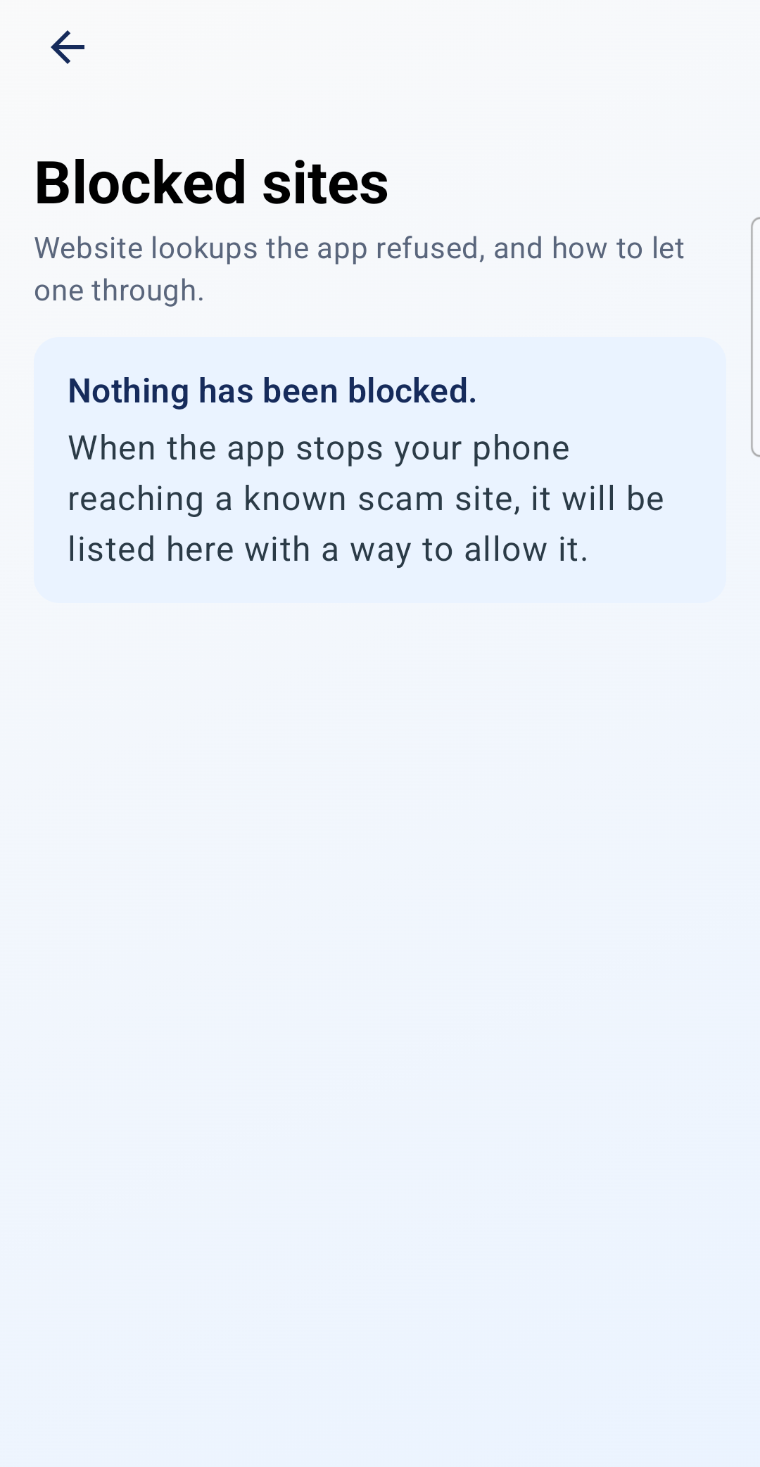 Applejack blocked sites list, where refused lookups to known scam sites appear with an option to allow them