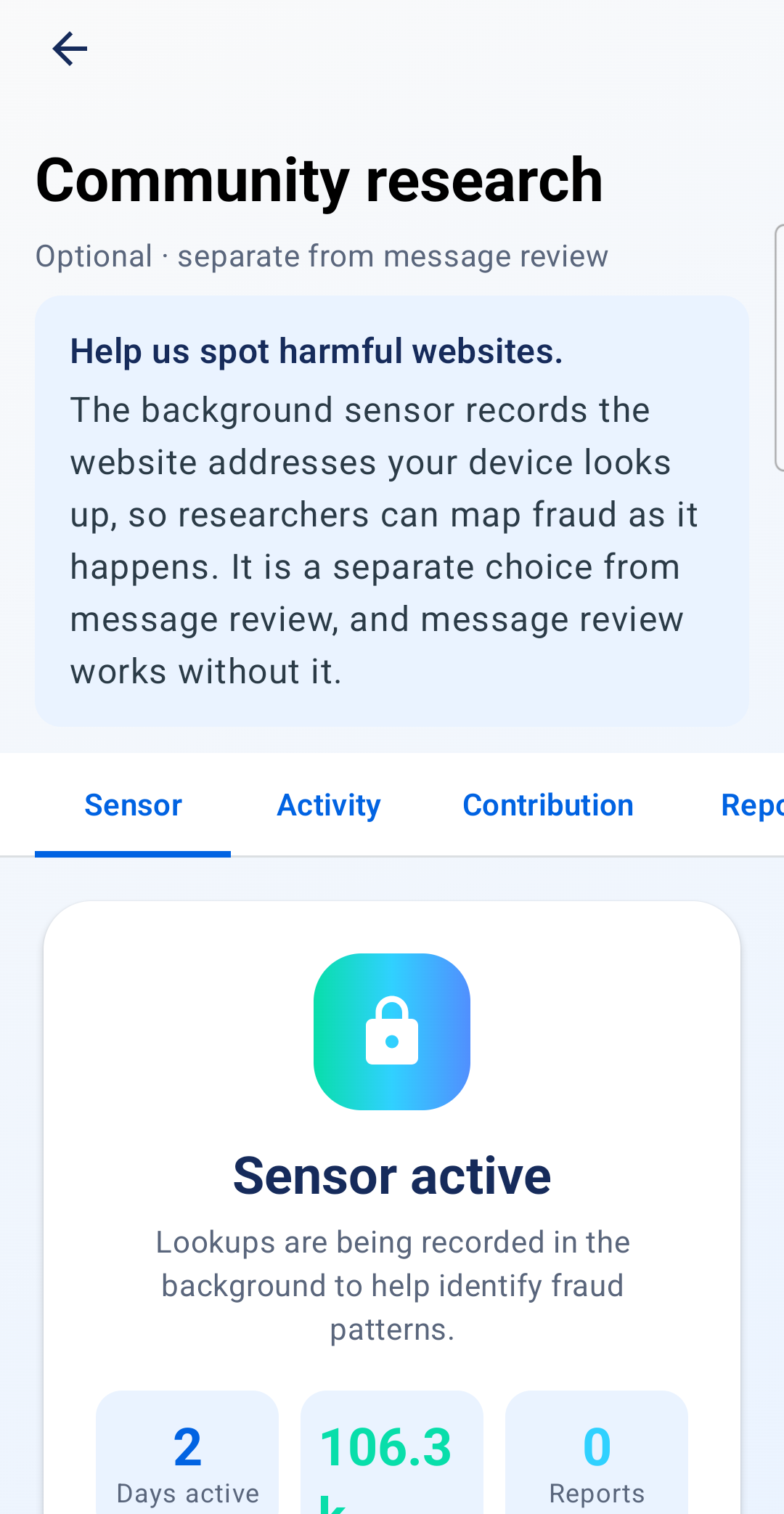 Applejack community research setting, an optional sensor that shares the sites your phone looks up with researchers