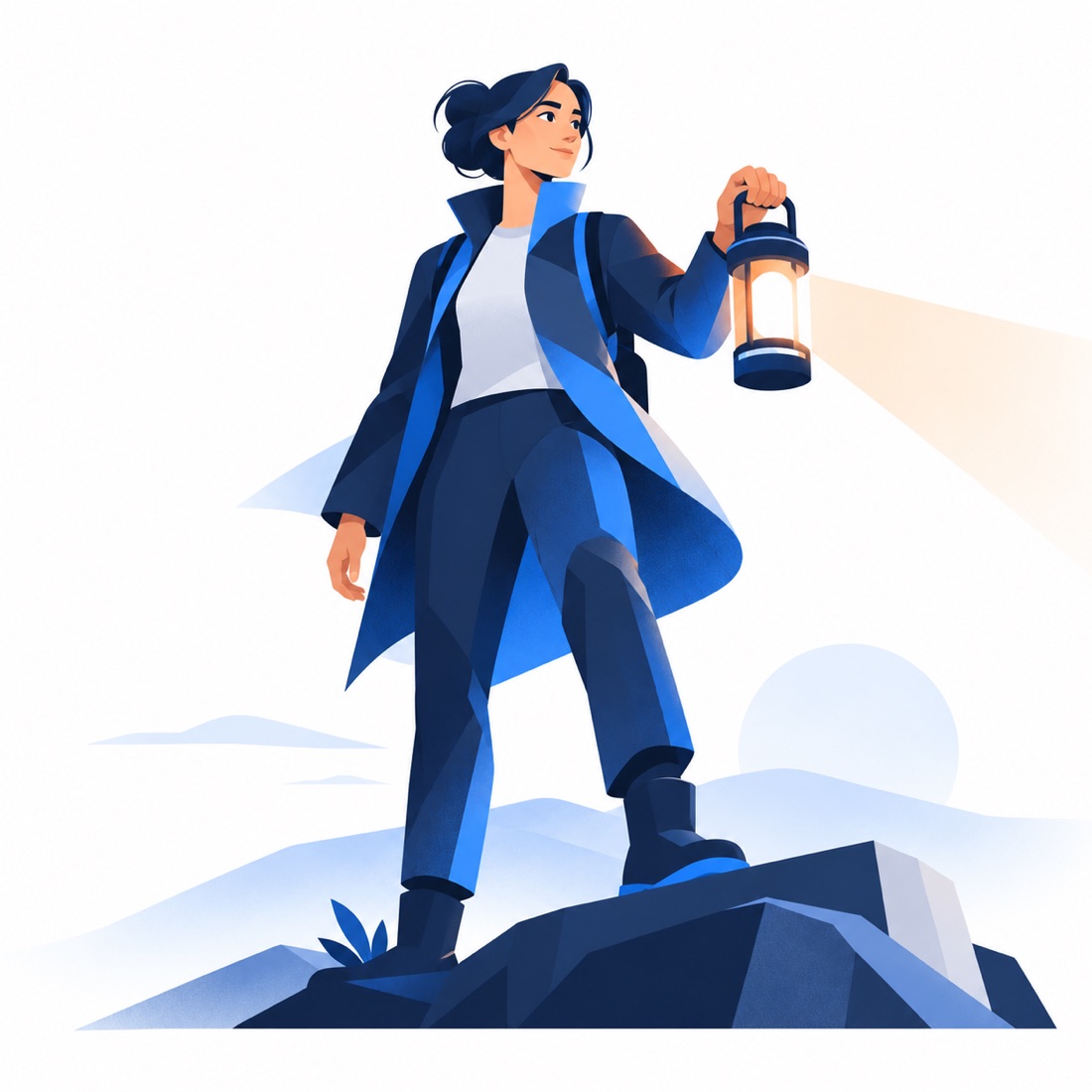 Illustration of a person standing on a rock, holding up a lantern to light the way ahead